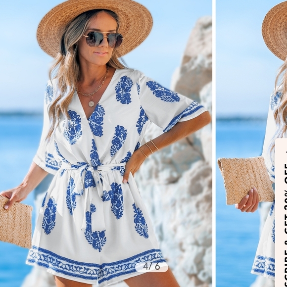 Medium Cupshe Blue White Wrap Romper Kimono Coverup Tie Belt Coastal Resort Wear - Picture 1 of 2